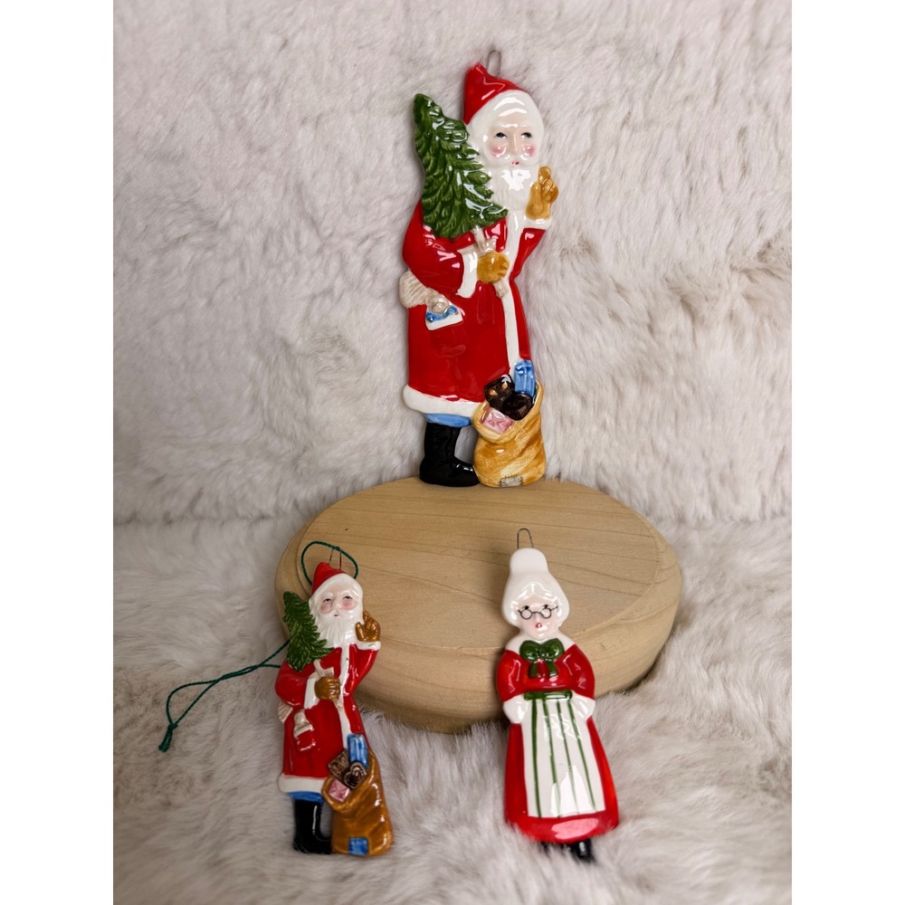 Vintage 1979 ACOF Ceramic Christmas Ornaments Set Santa Mrs Claus Japan 3pc Rare